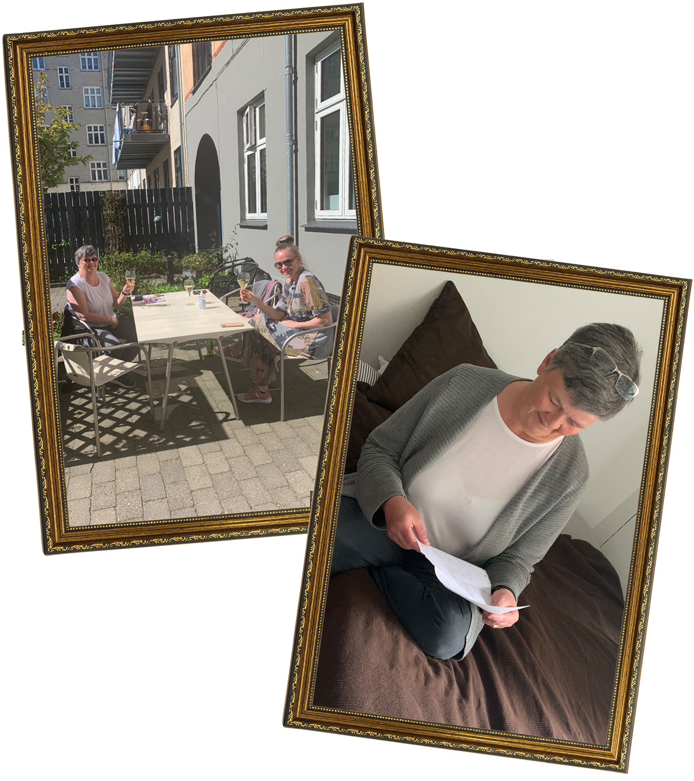 Ulla drikker hvidvin med et familiemedlem og Ulla læser brev